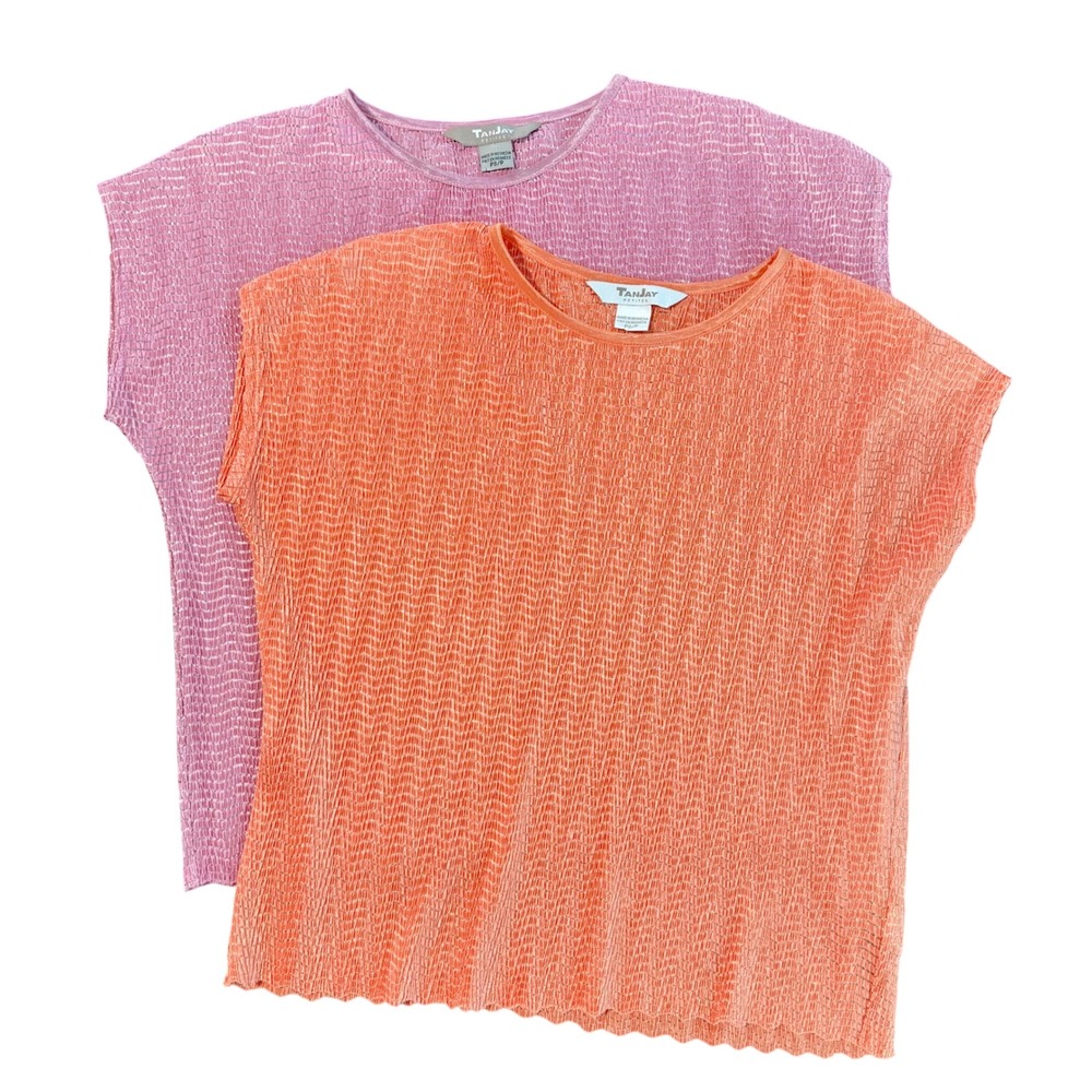 TanJay Petites Womens Blouse Top Bundle Size PS Orange Pink Crinkle Semi Sheer